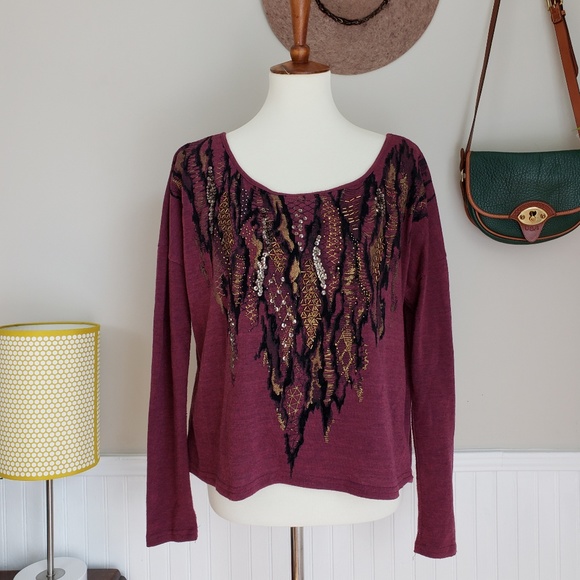 Miss Me Maroon Embellished Metallic Long Sleeve - Picture 1 of 7